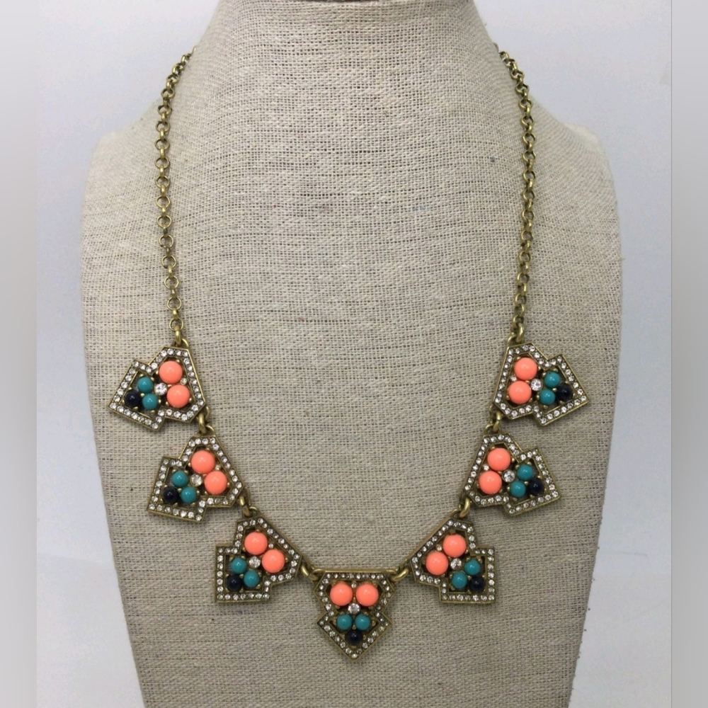 J. Crew Blue Coral Cabochon Rhinestone Statement Necklace 17"